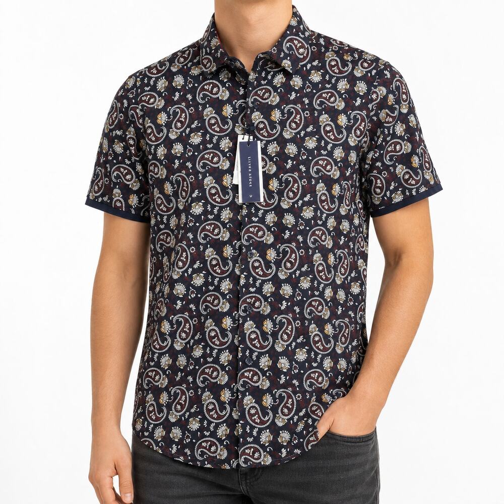NEW Silver Stone Collection Shirt Mens M Blue Paisley Short Sleeve Modern Fit